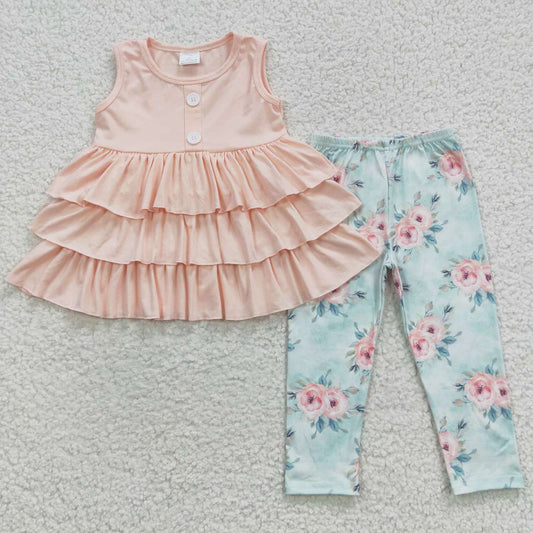 GSPO0697 Pink Blue Floral Ruffles Girls Short Sleeve Bell Bottom Pants Outfits
