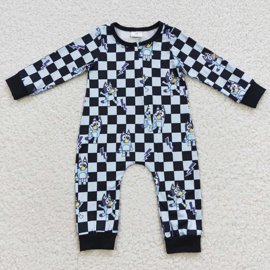 LR0303 Black Plaid Blue Dog Cartoon Print Zipper Girls Long Sleeve Romper