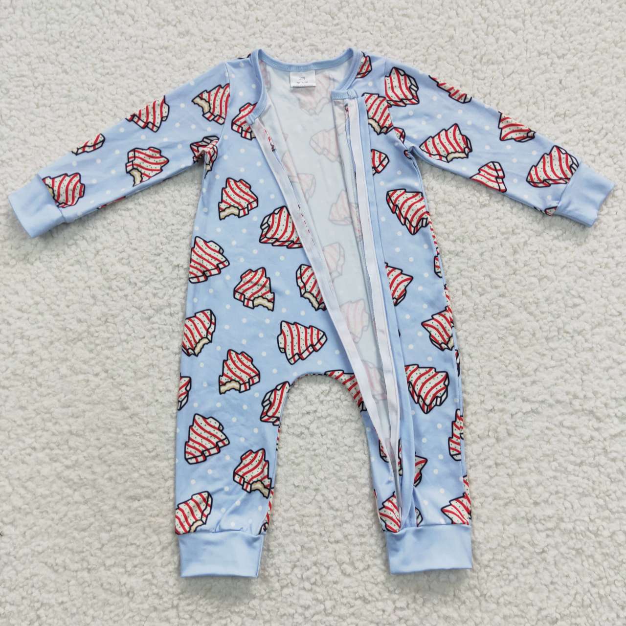 LR0345 Christmas Blue Red Tree Zipper Girls Long Sleeve Romper