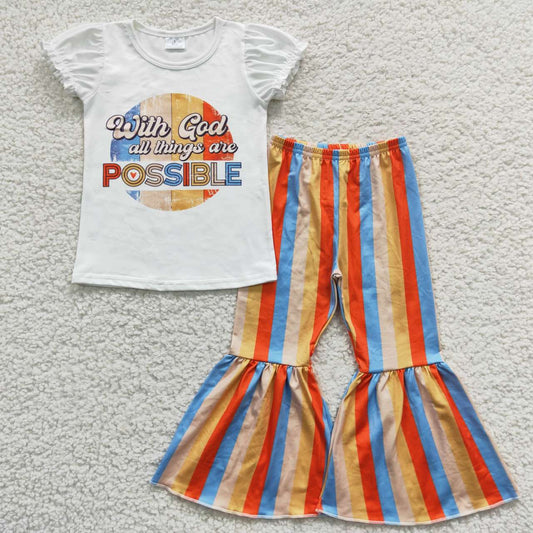 GSPO0684 With God All Things Are Possible Yellow Stripes Girls Short Sleeve Pants Outfits