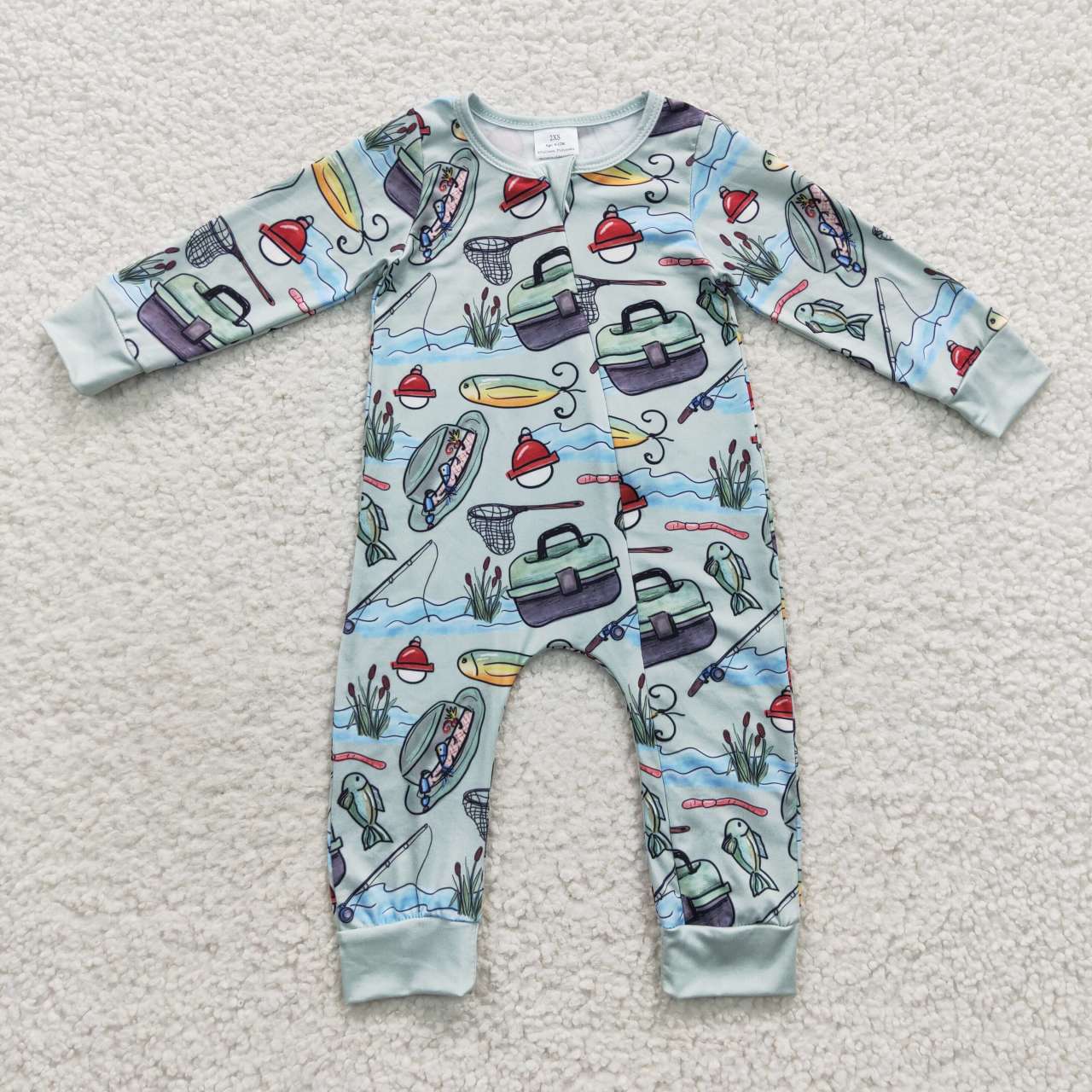 LR0321 Pink Blue Fishing Zipper Girls Long Sleeve Romper