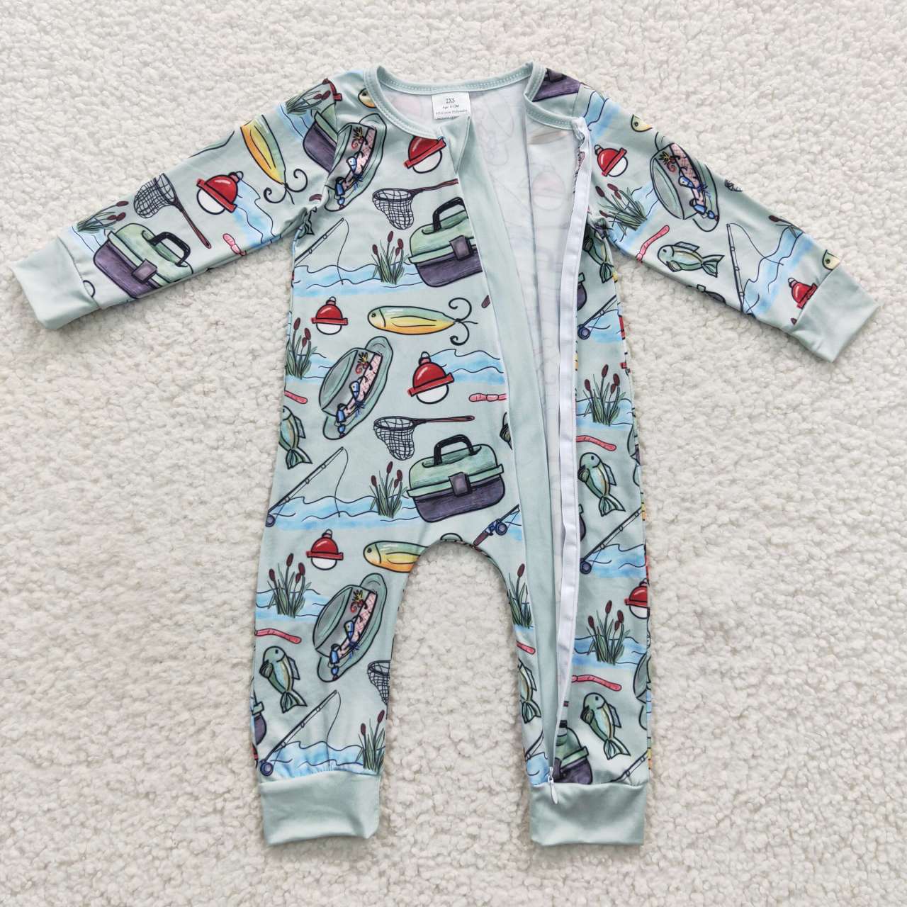 LR0321 Pink Blue Fishing Zipper Girls Long Sleeve Romper