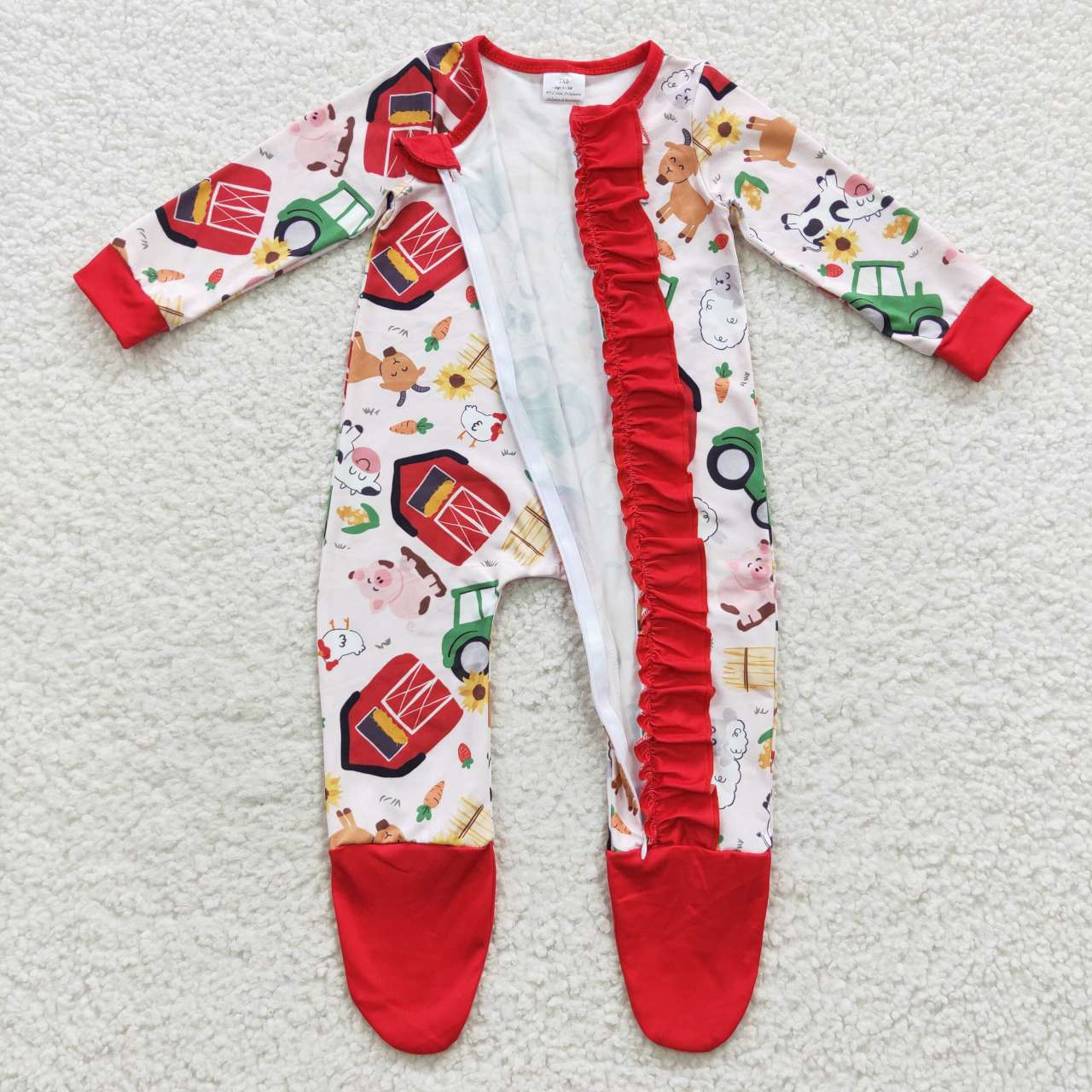 LR0378 Christmas Red Green Farm Pig Cartoon Zipper Girls Long Sleeve Romper