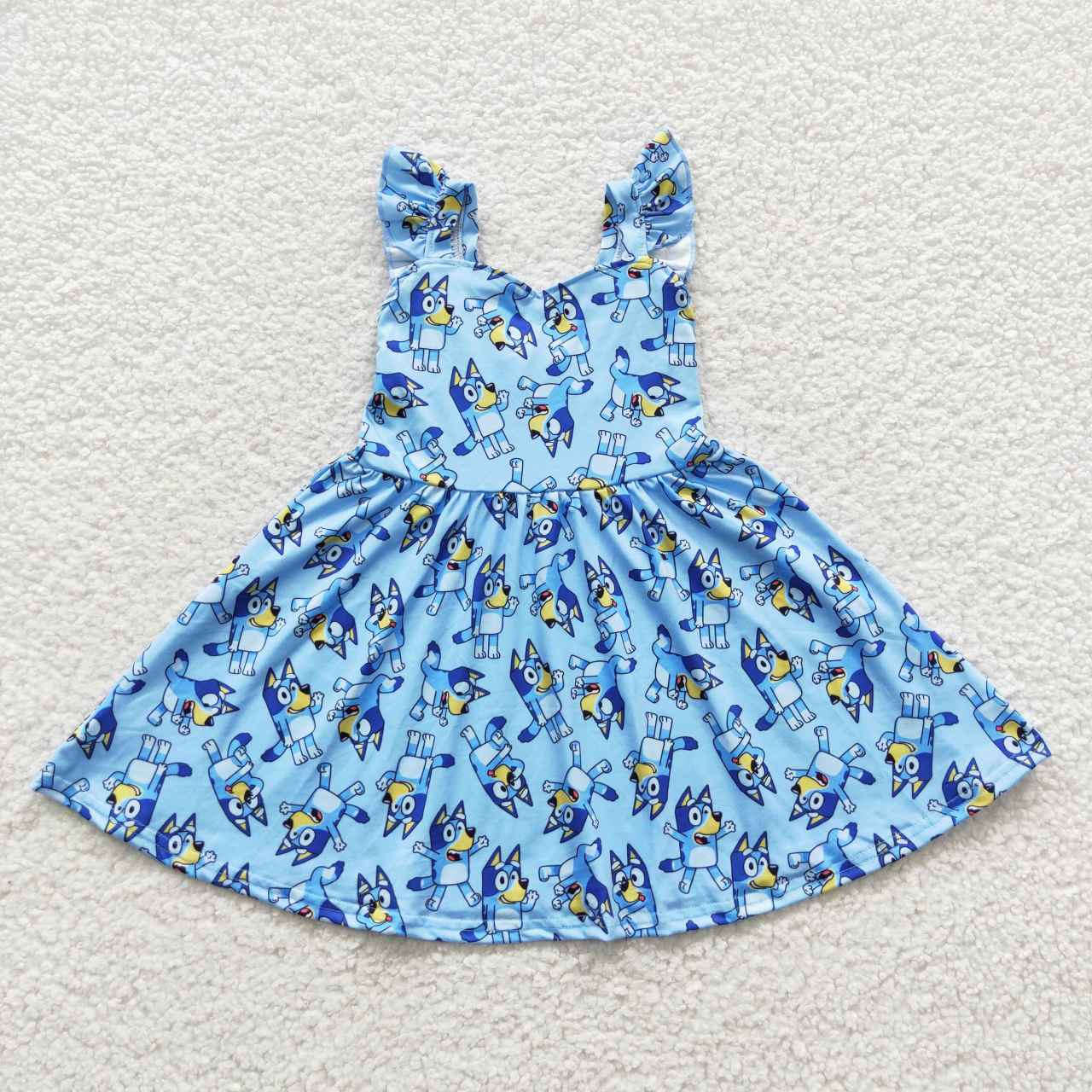 GSD0421 Blue Pink Dog Cartoon Girls Flutter Sleeve Dresses