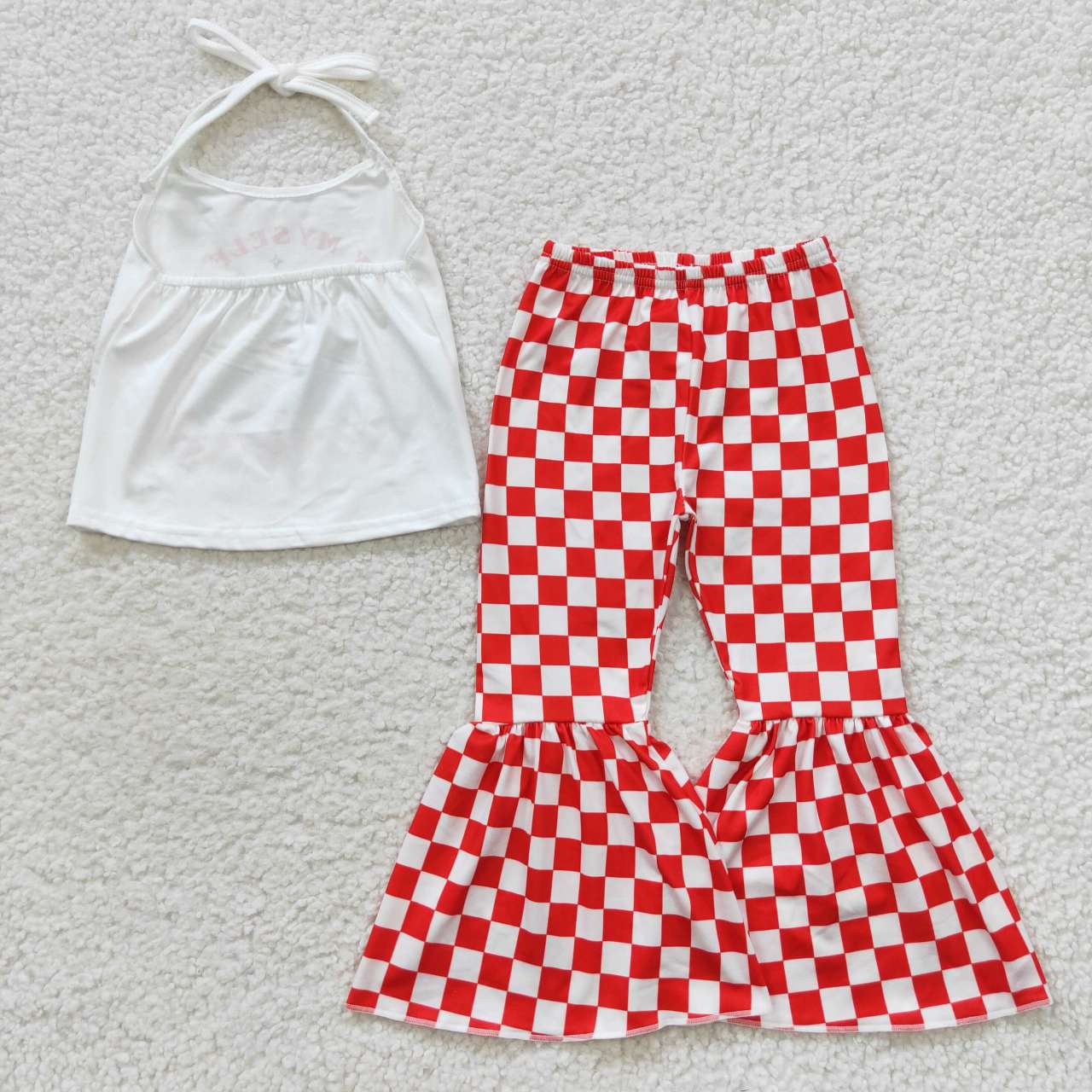 GSPO0761 Red Plaid Floral I Can Buy Myself Flowers Girls Short Sleeve Pants Outfits