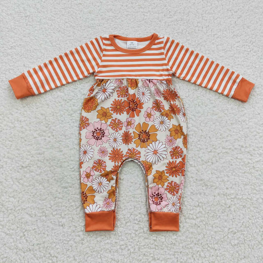 LR0323 Orange Stripes Floral Flower Girls Long Sleeve Romper