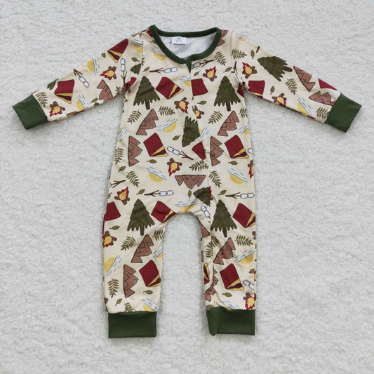 LR0398 Green Camp Zipper Girls Long Sleeve Romper