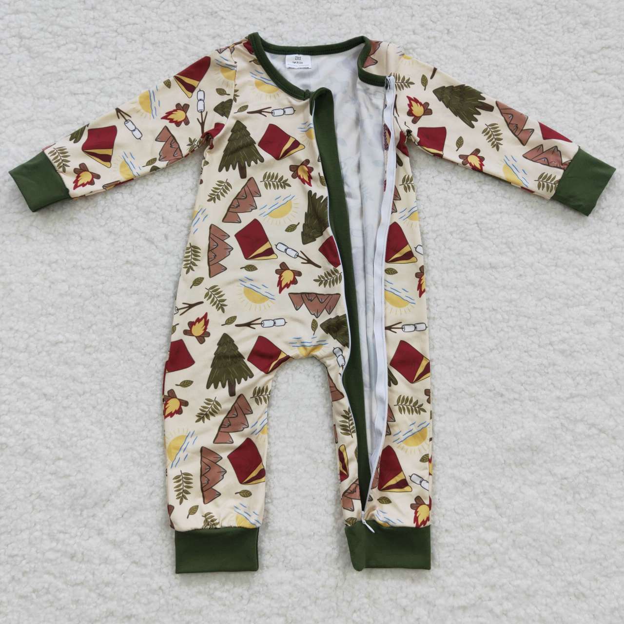 LR0398 Green Camp Zipper Girls Long Sleeve Romper