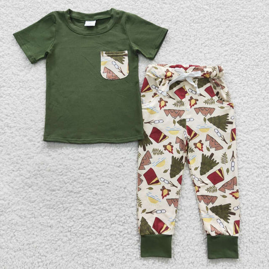 promotion RTS BSPO0127 Green Camp Boys Short Sleeve Pants Outfits