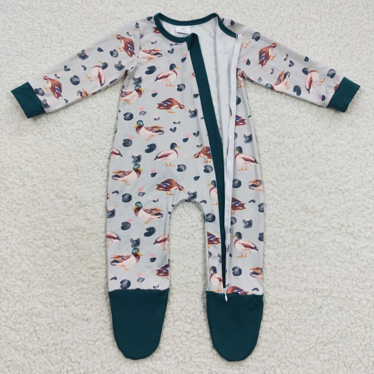 LR0418 Green Duck Zipper Girls Long Sleeve Romper