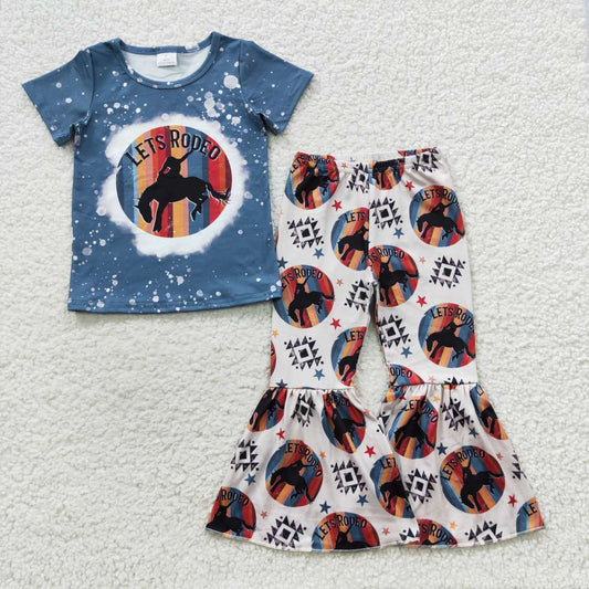 GSPO0671 Blue Rodeo Cowboy Girls Short Sleeve Pants Outfits