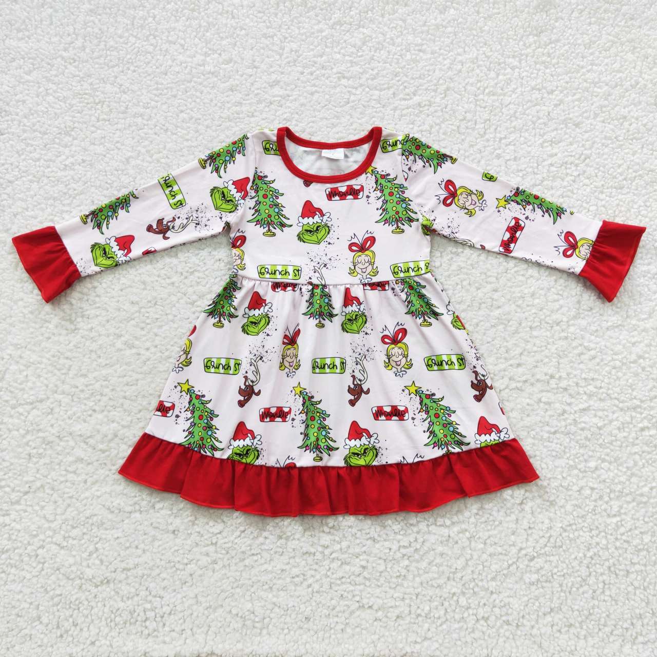 GLD0235 Christmas Red Green Cartoon Girls Long Sleeve Dresses