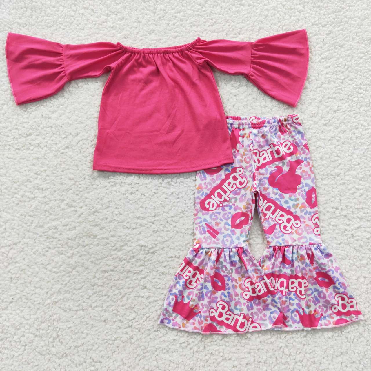 GLP0604 Pink Leopard B Cartoon Girls Long Sleeve Bell Bottom Pants Outfits