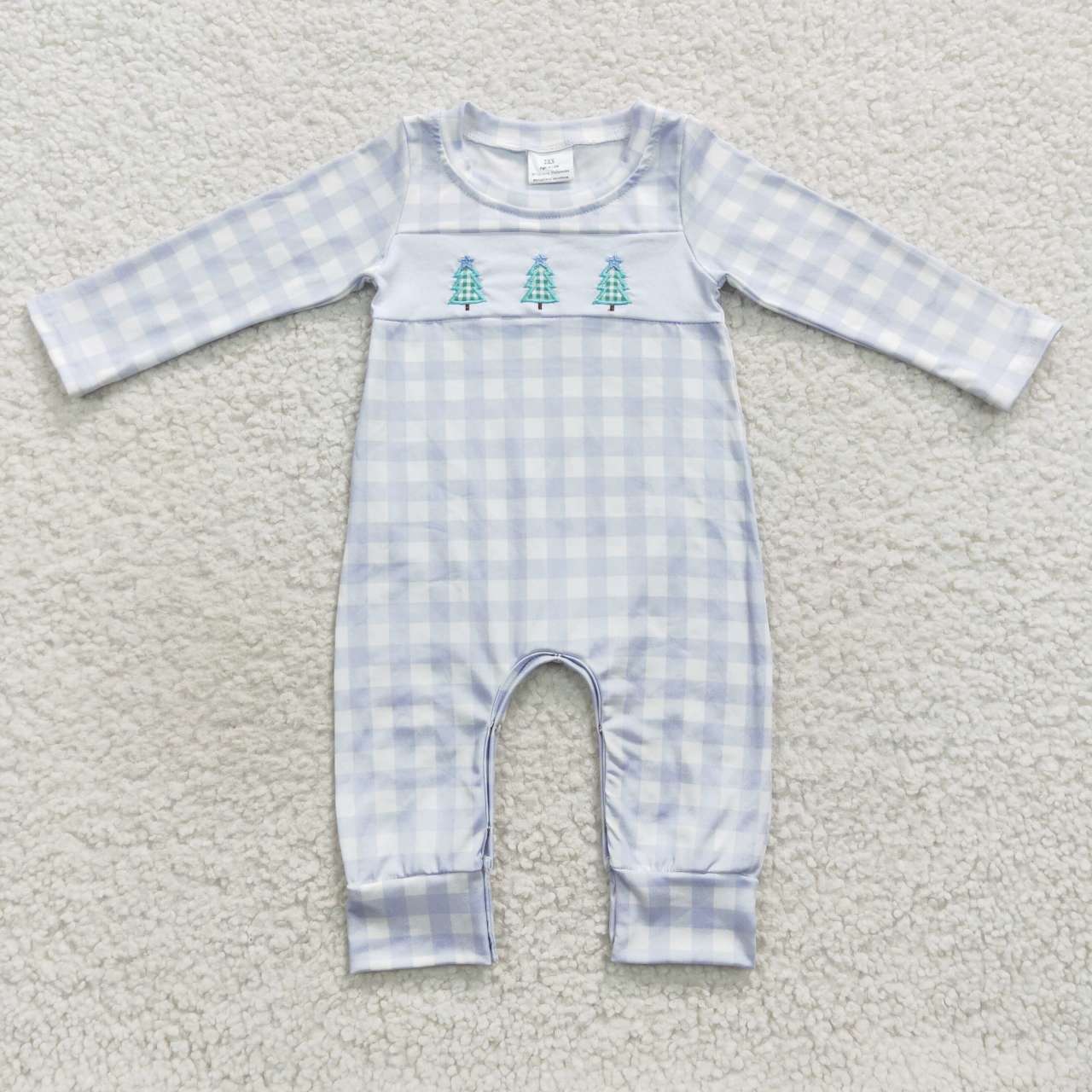 LR0335 Christmas Tree Blue Plaid Embroidery Boys Long Sleeve Romper