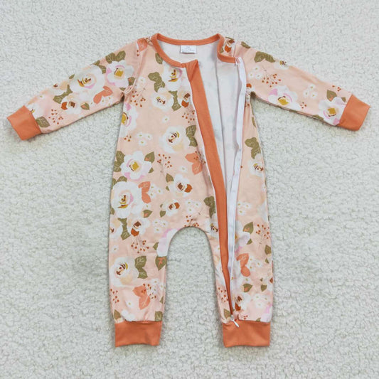 LR0476 Orange Floral Print Zipper Girls Long Sleeve Romper