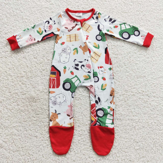 LR0379 Christmas Red Green Farm Pig Cartoon Zipper Boys Long Sleeve Romper