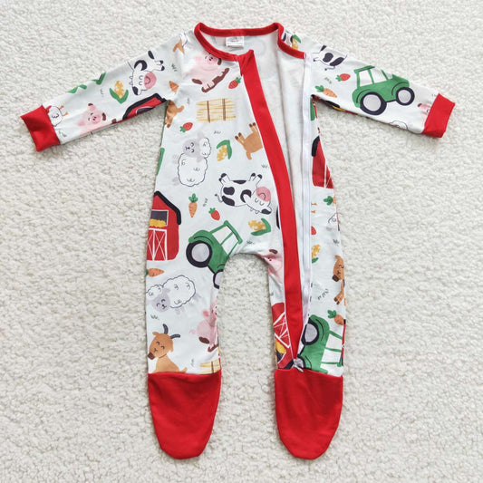 LR0379 Christmas Red Green Farm Pig Cartoon Zipper Boys Long Sleeve Romper