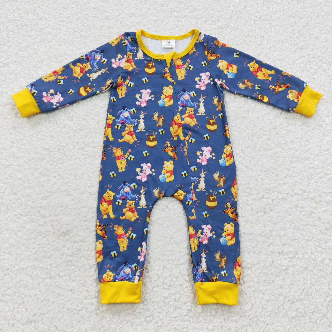 LR0347 Yellow Blue Bear Pig Cartoon Zipper Girls Long Sleeve Romper