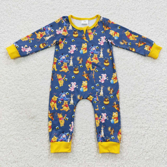 LR0347 Yellow Blue Bear Pig Cartoon Zipper Girls Long Sleeve Romper