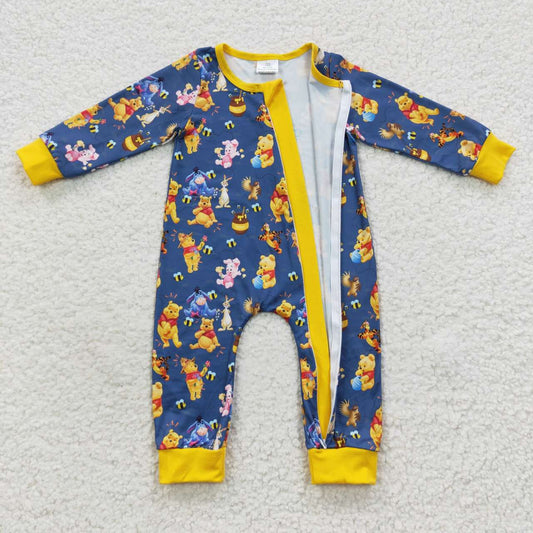 LR0347 Yellow Blue Bear Pig Cartoon Zipper Girls Long Sleeve Romper