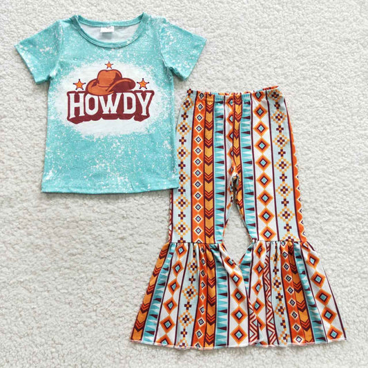 GSPO0735 Blue Howdy Cowboy Hat Girls Short Sleeve Bell Bottom Pants Outfits