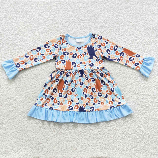 GLD0280 Blue Leopard  Girls Long Sleeve Dresses