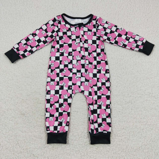 LR0478 Purple Black Plaid Pink M Mouse Zipper Girls Long Sleeve Romper