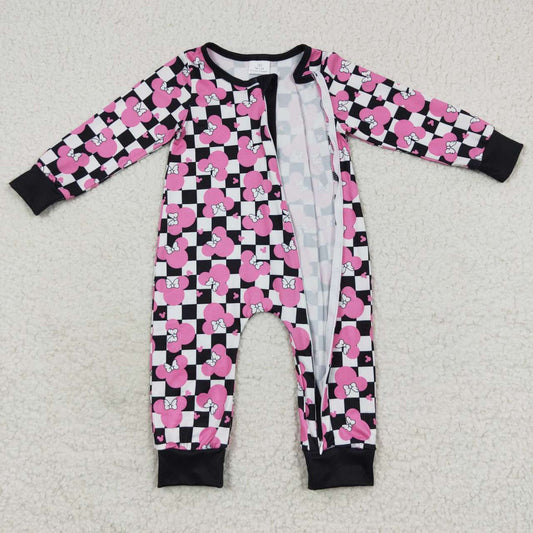 LR0478 Purple Black Plaid Pink M Mouse Zipper Girls Long Sleeve Romper