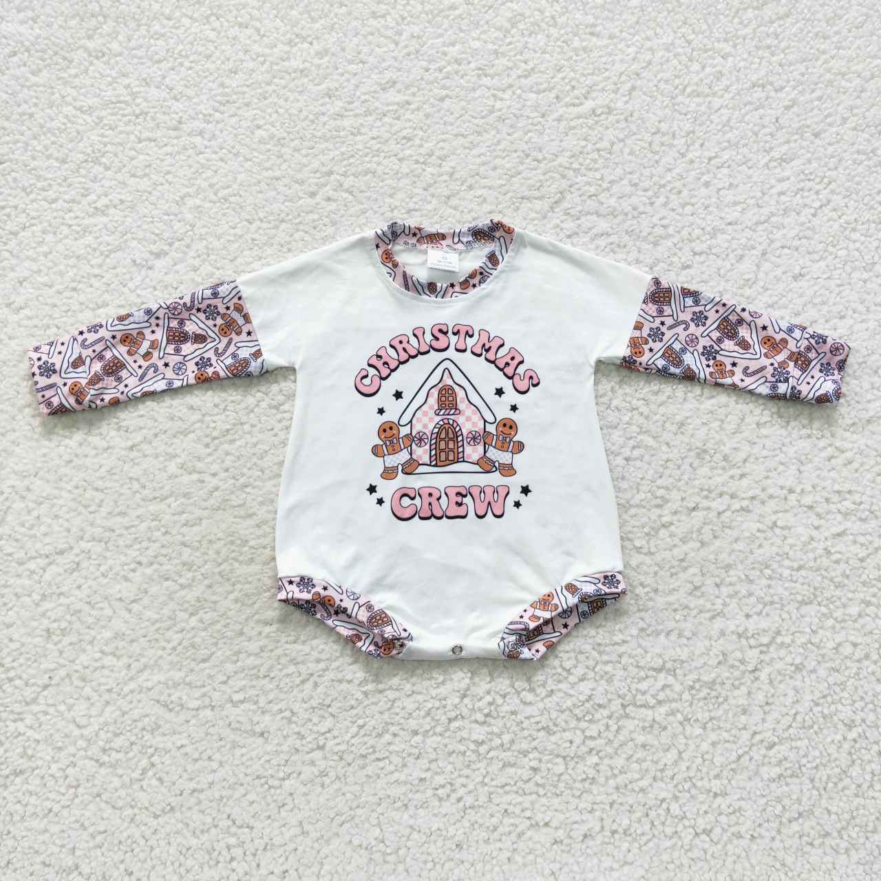 LR0423 Christmas Crew Gingerbread Cartoon Girls Long Sleeve Romper