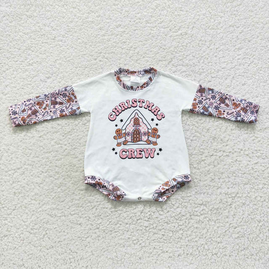 LR0423 Christmas Crew Gingerbread Cartoon Girls Long Sleeve Romper