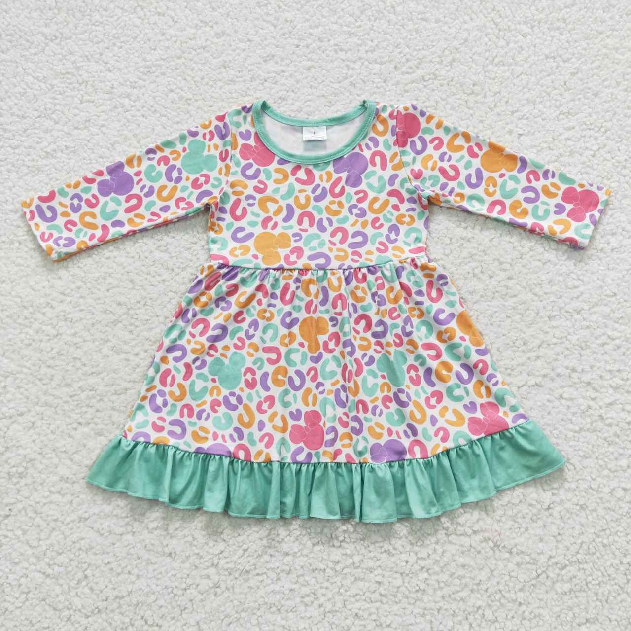 GLD0283 Green Pink Leopard M Cartoon Girls Long Sleeve Dresses