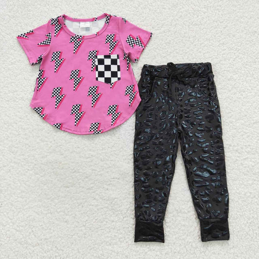 2Pcs GSPO0817 GT0227 P0219 Pink Short Sleeve Top + P0167 Yellow Print Pants Girls Short Sleeve Pants Outfits