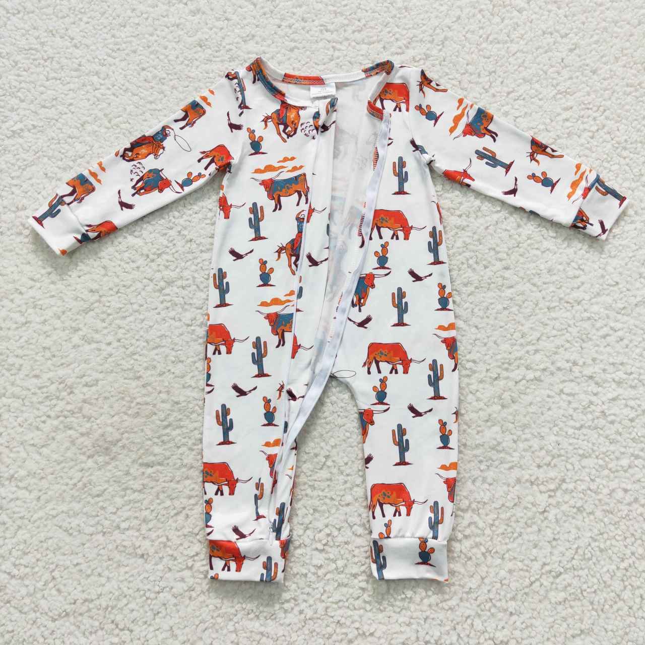 LR0341 Rodeo Cowboy White Zipper Girls Long Sleeve Romper