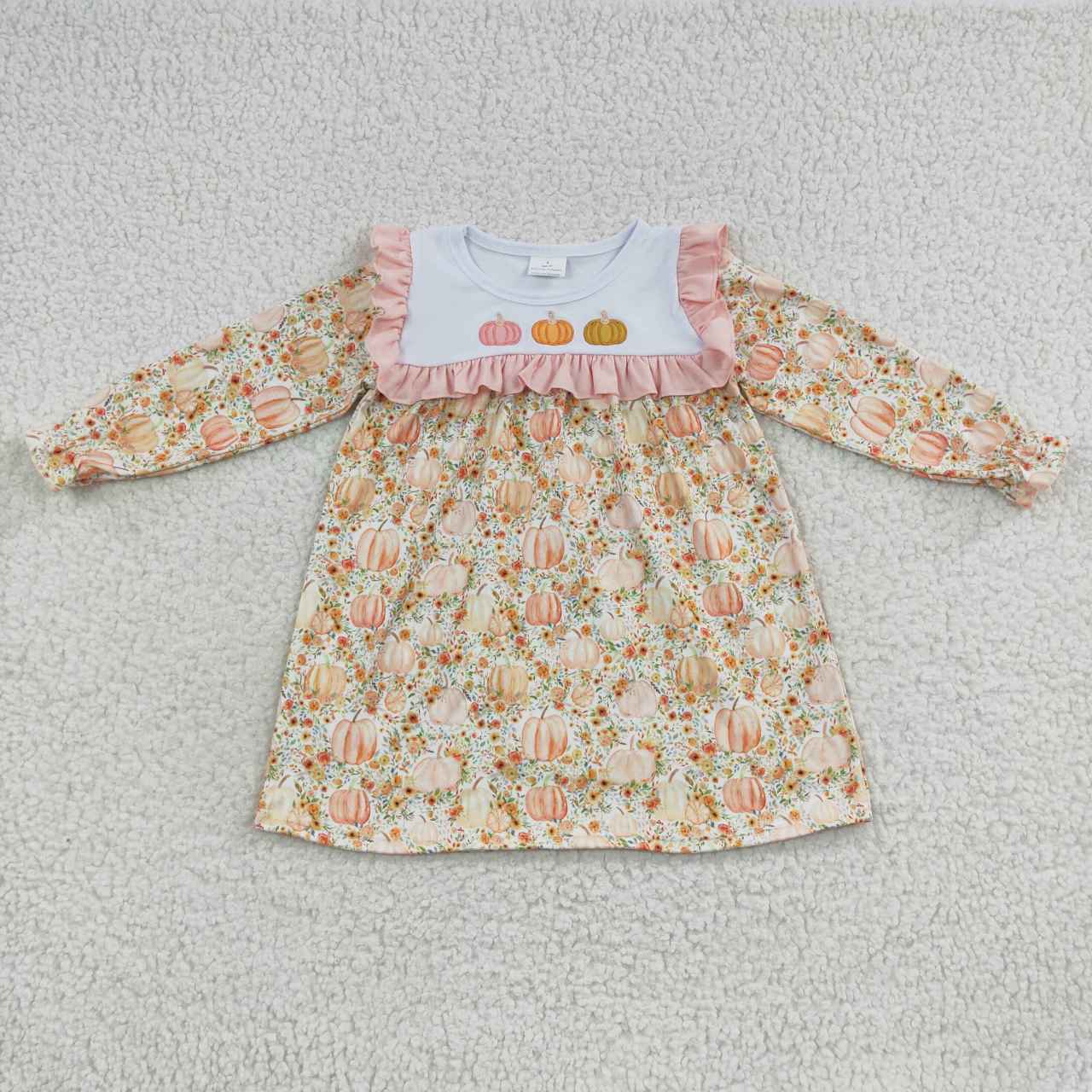 GLD0238 Halloween Pumpkin Embroidery Girls Long Sleeve Dresses