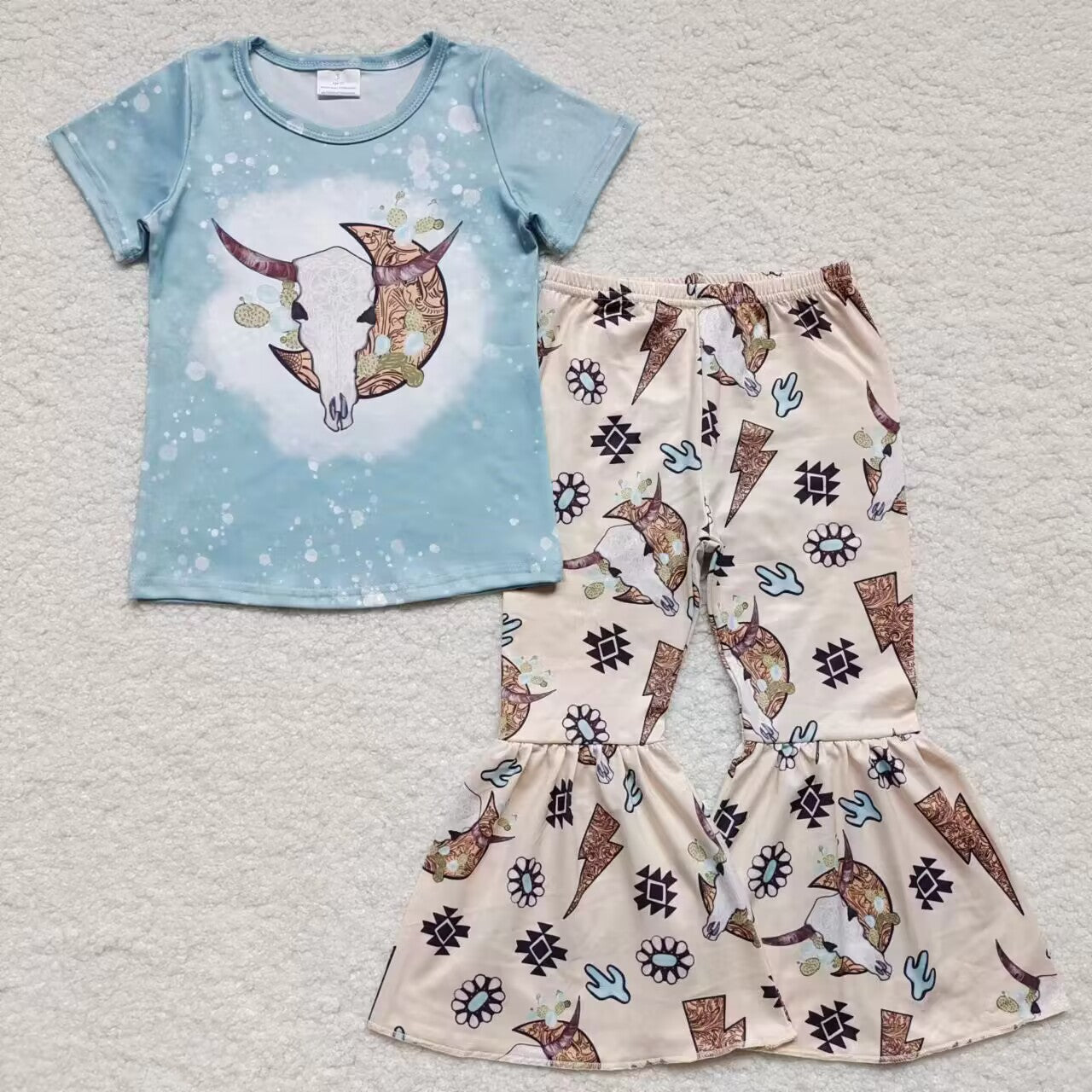 GSPO0777 Blue Highland Cow Cactus Girls Short Sleeve Pants Outfits