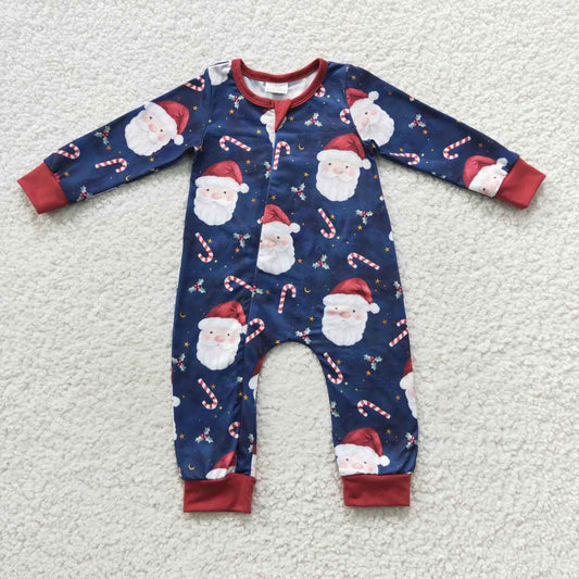 LR0498 Christmas Red Blue Santa Zipper Girls Long Sleeve Romper
