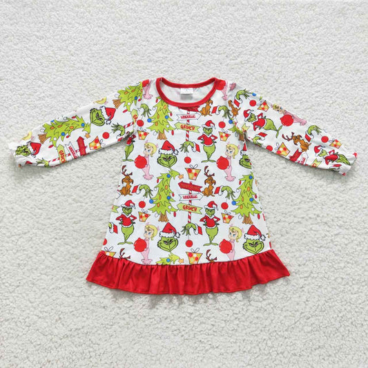 GLD0299 Christmas Green Red Cartoon Girls Long Sleeve Dresses