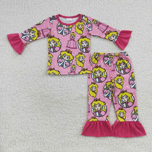 promotion RTS GLP0611 Pink Yellow Princess Cartoon Girls Long Sleeve Pants Outfits Pajamas