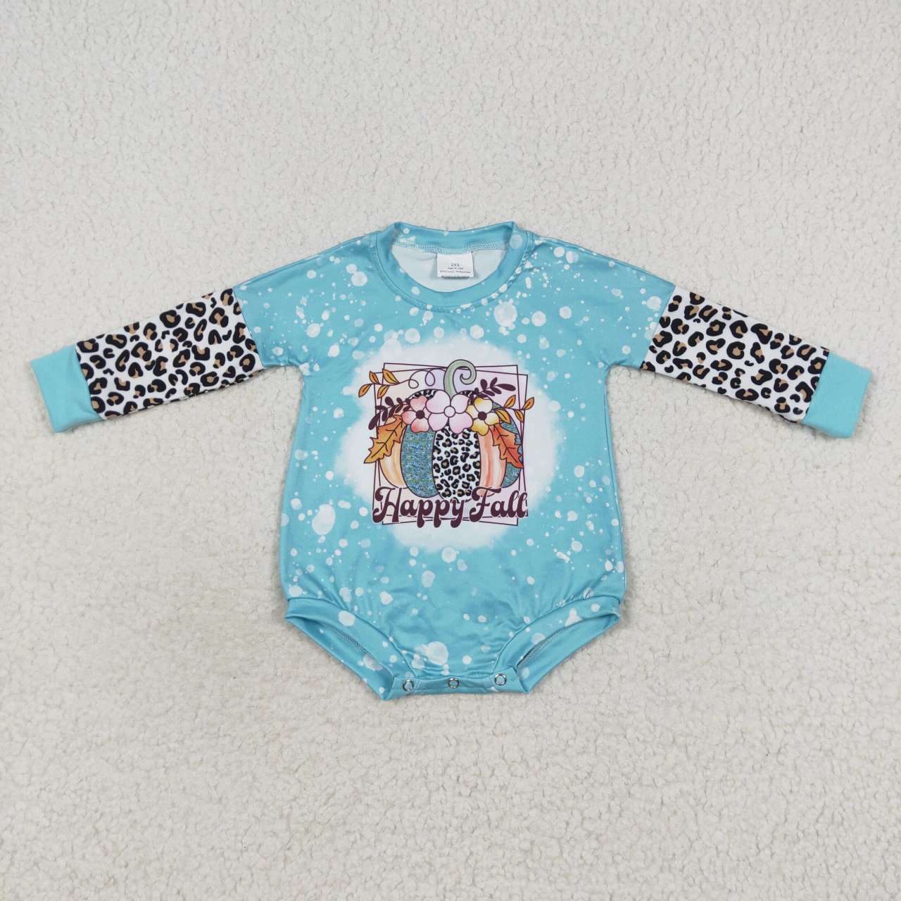 LR0357 Happy Fall Halloween Pumpkin Blue Leopard Girls Long Sleeve Romper