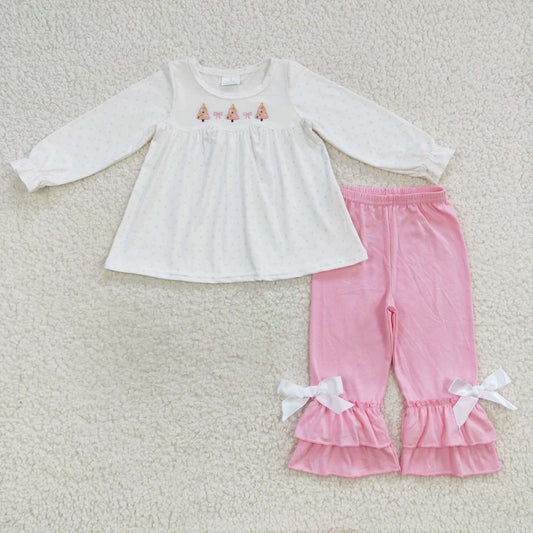 GLP0505 Christmas Pink Tree Embroidery Girls Long Sleeve Pants Outfits