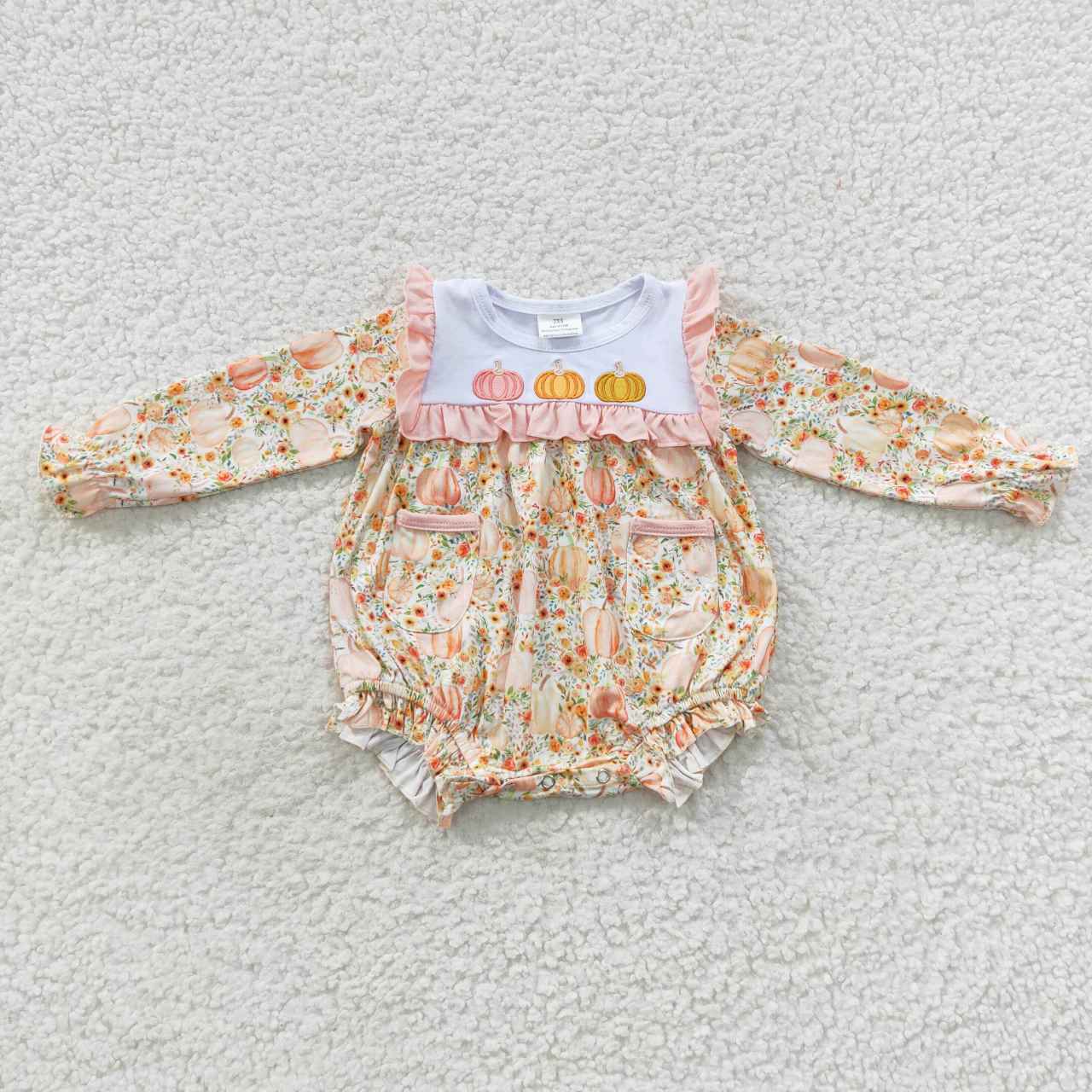 LR0450 Halloween Pumpkin Yellow Embroidery Girls Long Sleeve Romper