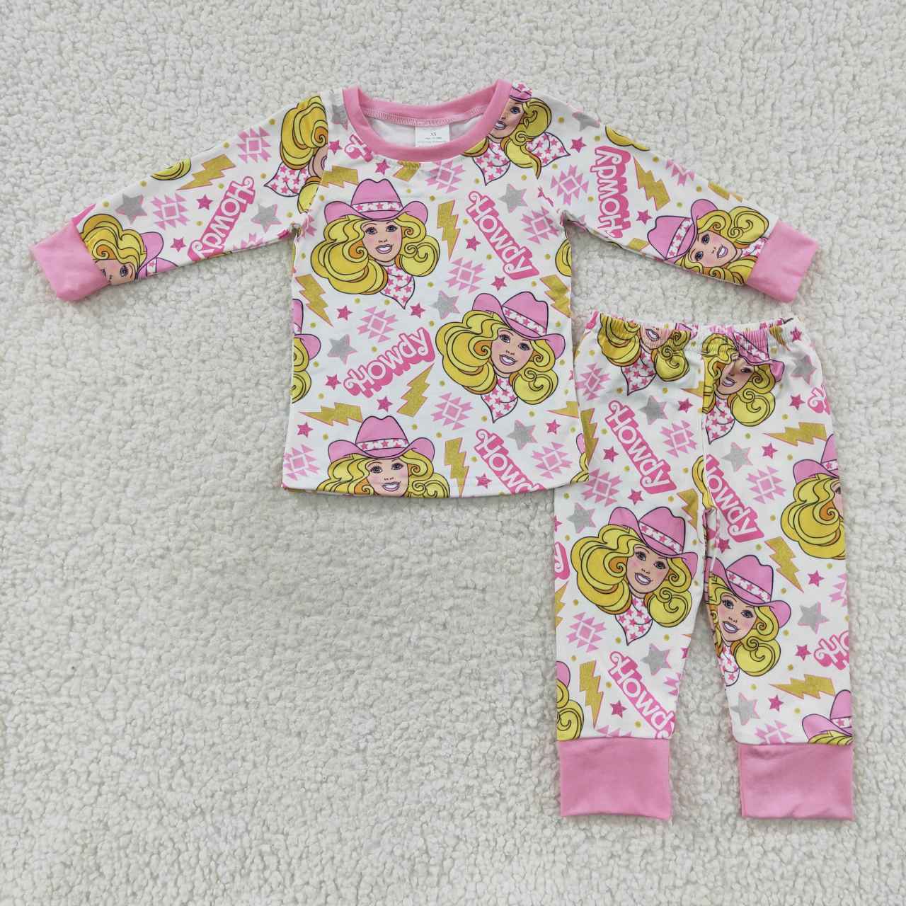 GLP0658 Pink Yellow Howdy Cartoon Girls Long Sleeve Pants Outfits Pajamas