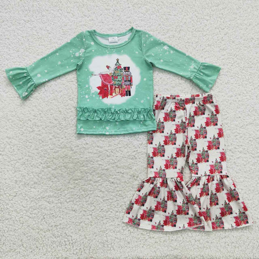 GLP0577 Christmas Green Red Tree Girls Long Sleeve Pants Outfits