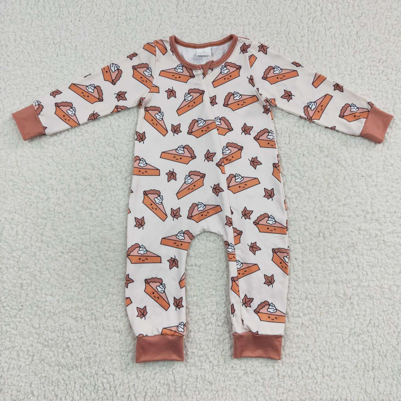 LR0353 Halloween Pie Cake Brown Zipper Girls Long Sleeve Romper