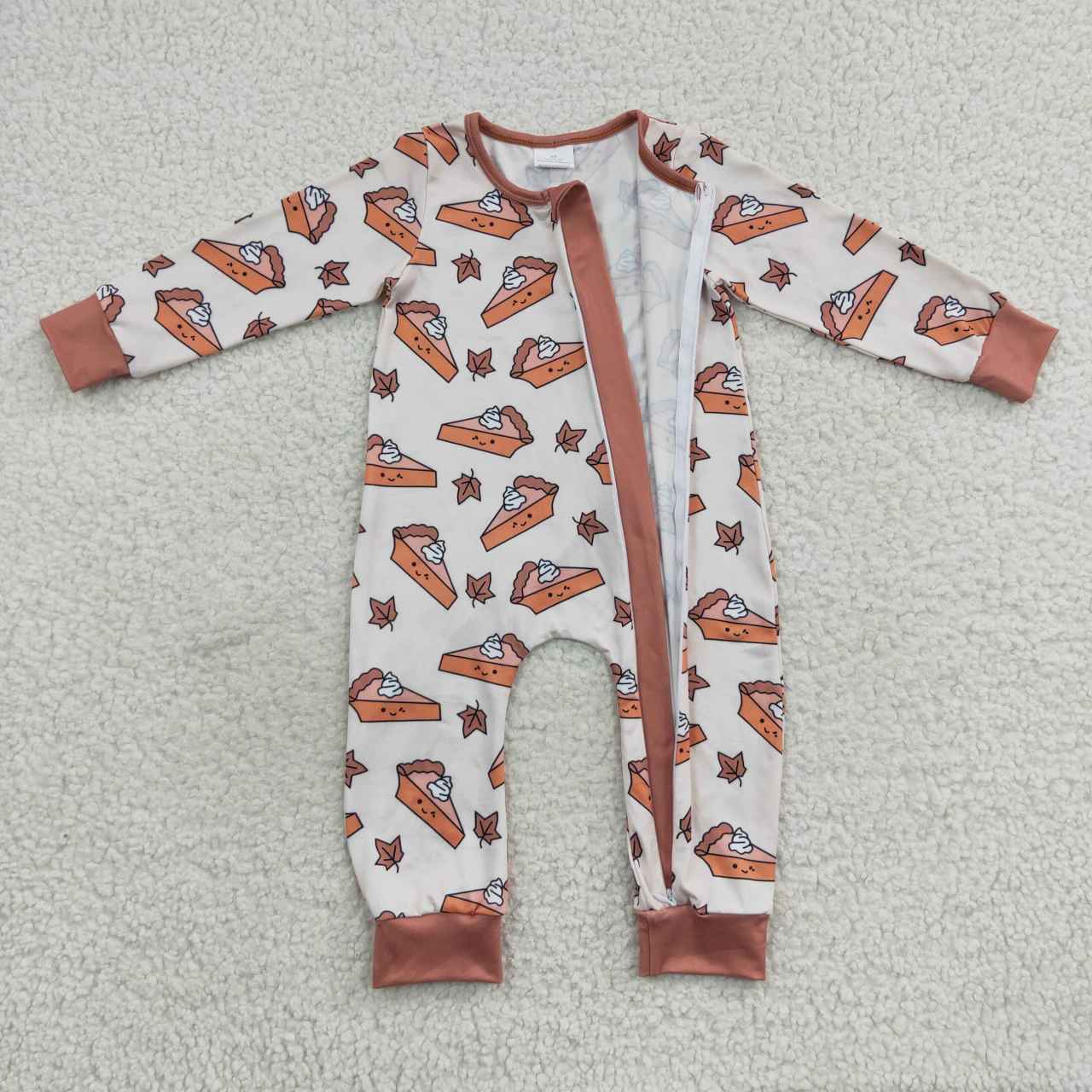 LR0353 Halloween Pie Cake Brown Zipper Girls Long Sleeve Romper