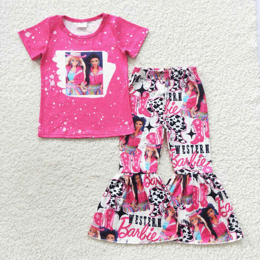 GSPO0808 Pink Cowboy Western B Cartoon Girls Short Sleeve Bell Bottom Pants Outfits