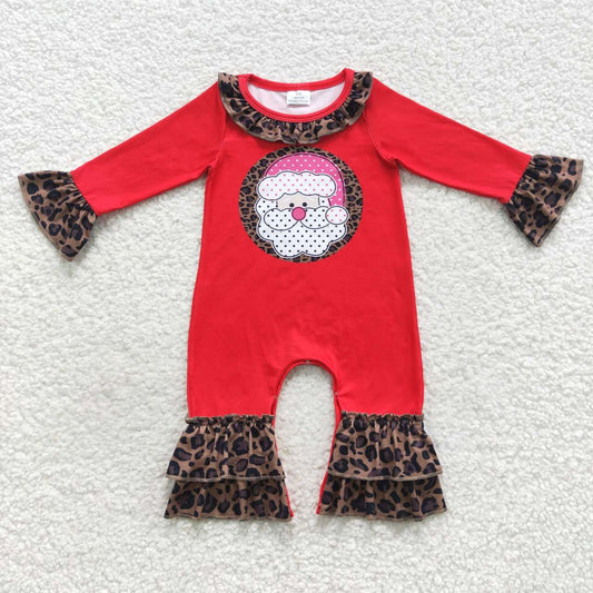 LR0435 Christmas Red Leopard Santa Girls Long Sleeve Romper