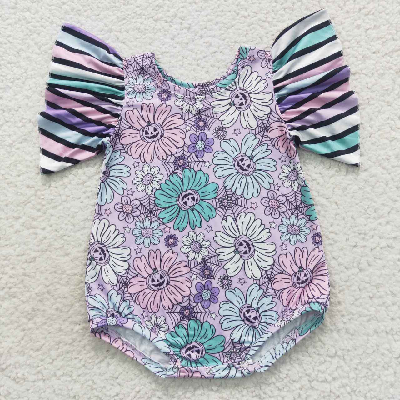 SR0431 Halloween Purple Pumpkin Girls Short Sleeve Romper