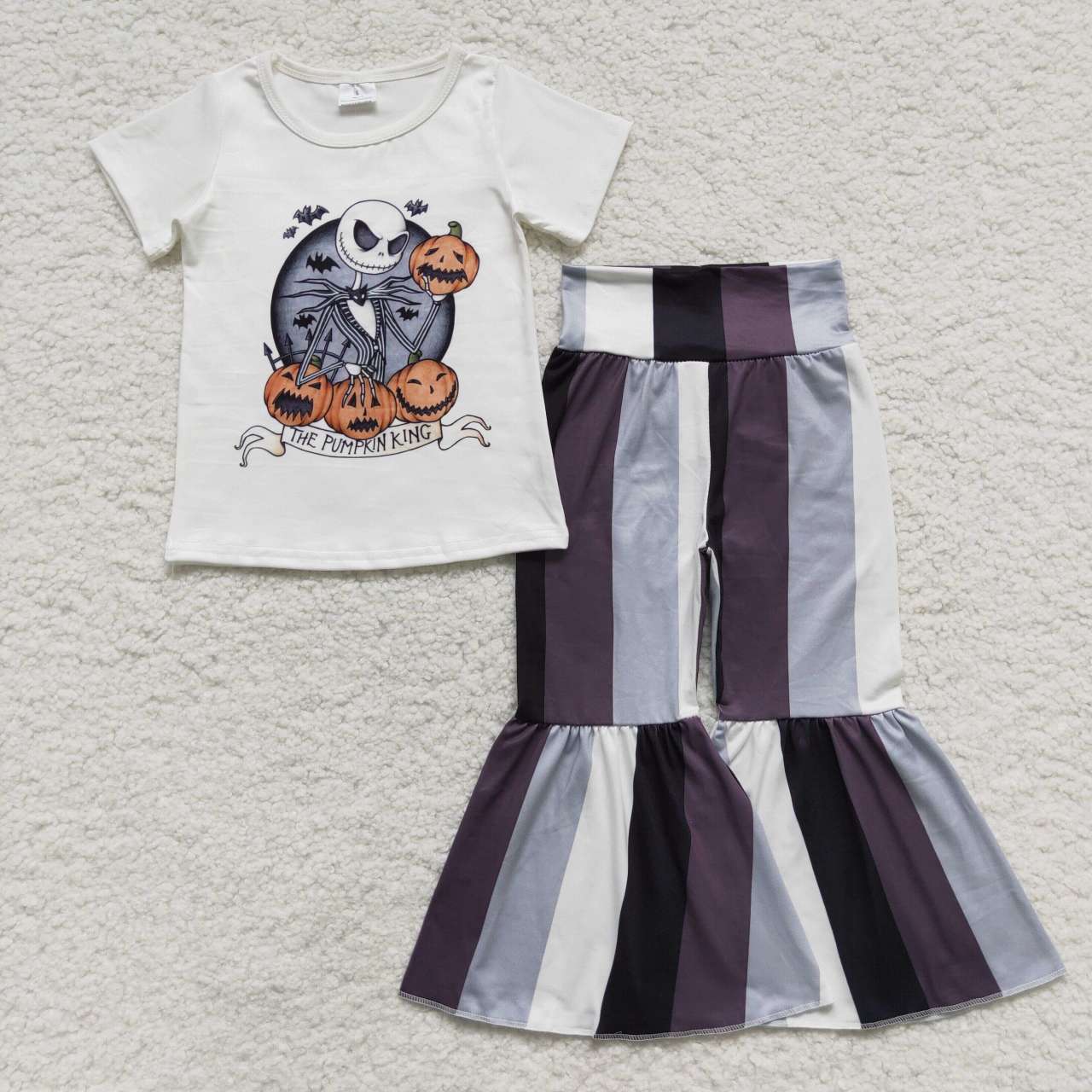 GSPO0812 Halloween Pumpkin King Black Girls Short Sleeve Bell Bottom Pants Outfits