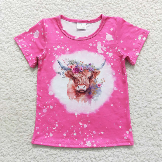 GT0212 Pink Highland Cow Girls Short Sleeve Top T-shirts